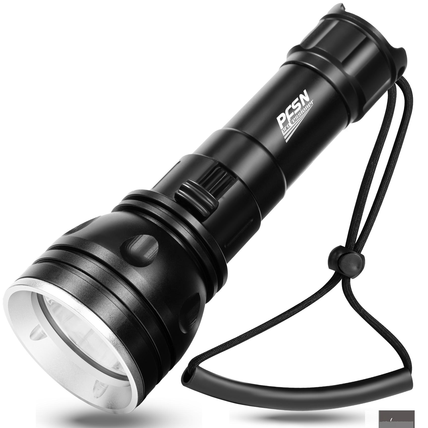 PFSN DF-3000 Professional Underwater Flashlight, 150m Waterproof Dive Torch with Long Lasting Rechargeable Battery, Super Bright Light Great for Night Caving, Explore, Spearfishing